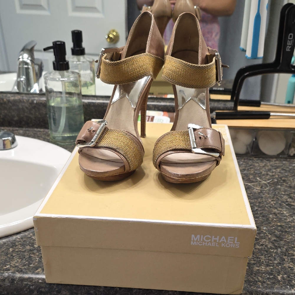 Michael Kors Metallic Gold and Tan Strappy Platform Heels